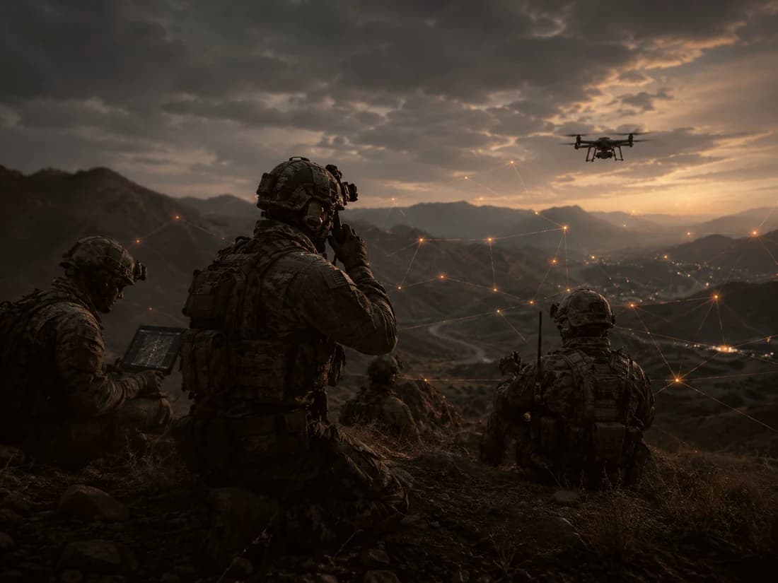 A dispersed team observing a valley at dusk with an aircraft overhead.