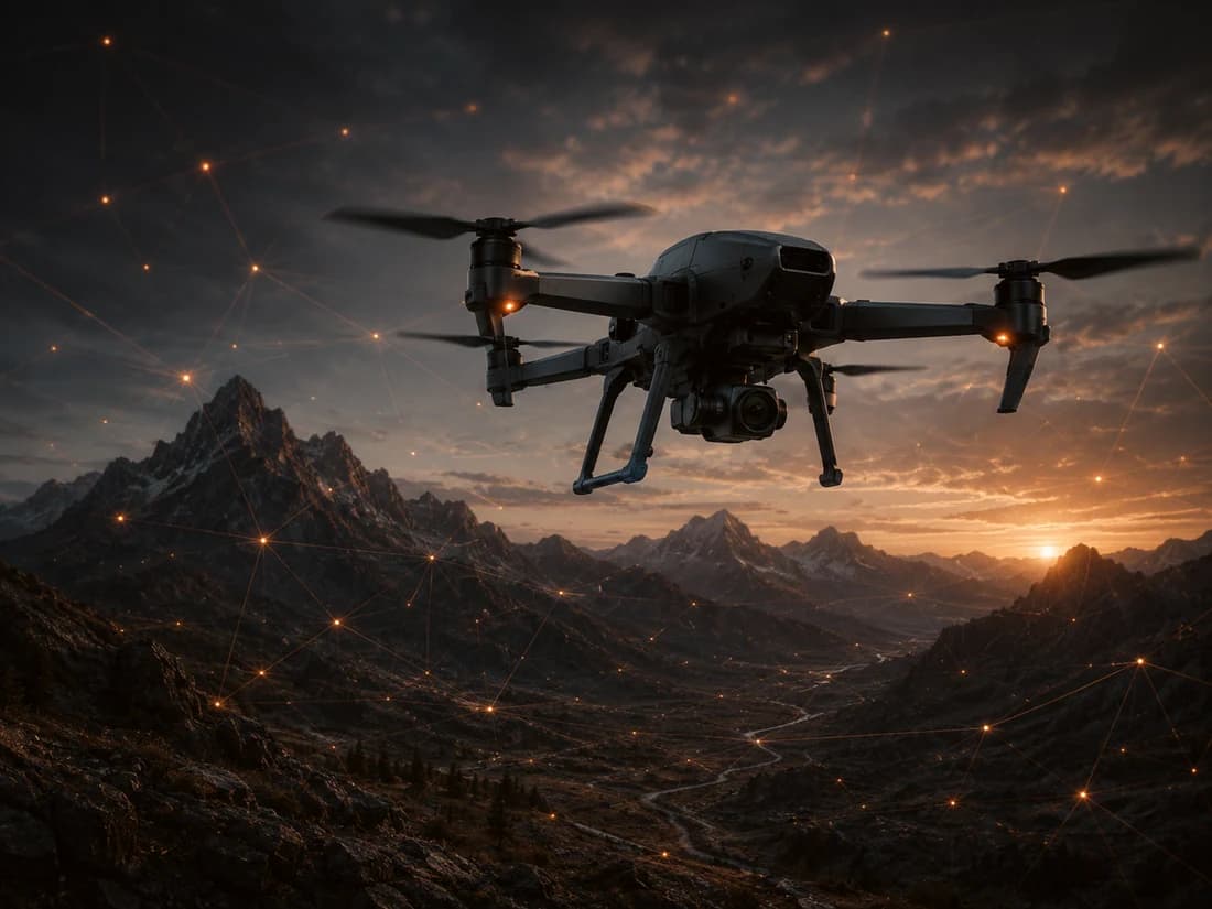 An uncrewed aircraft in flight over mountainous terrain at sunrise.