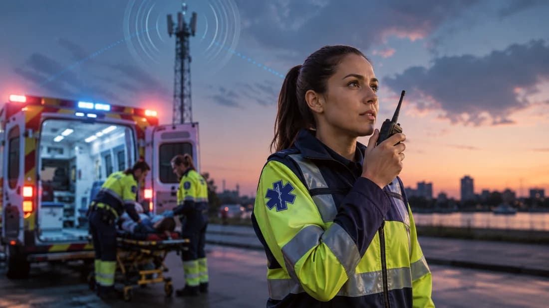 Emergency responders coordinating on a wet city street at night.
