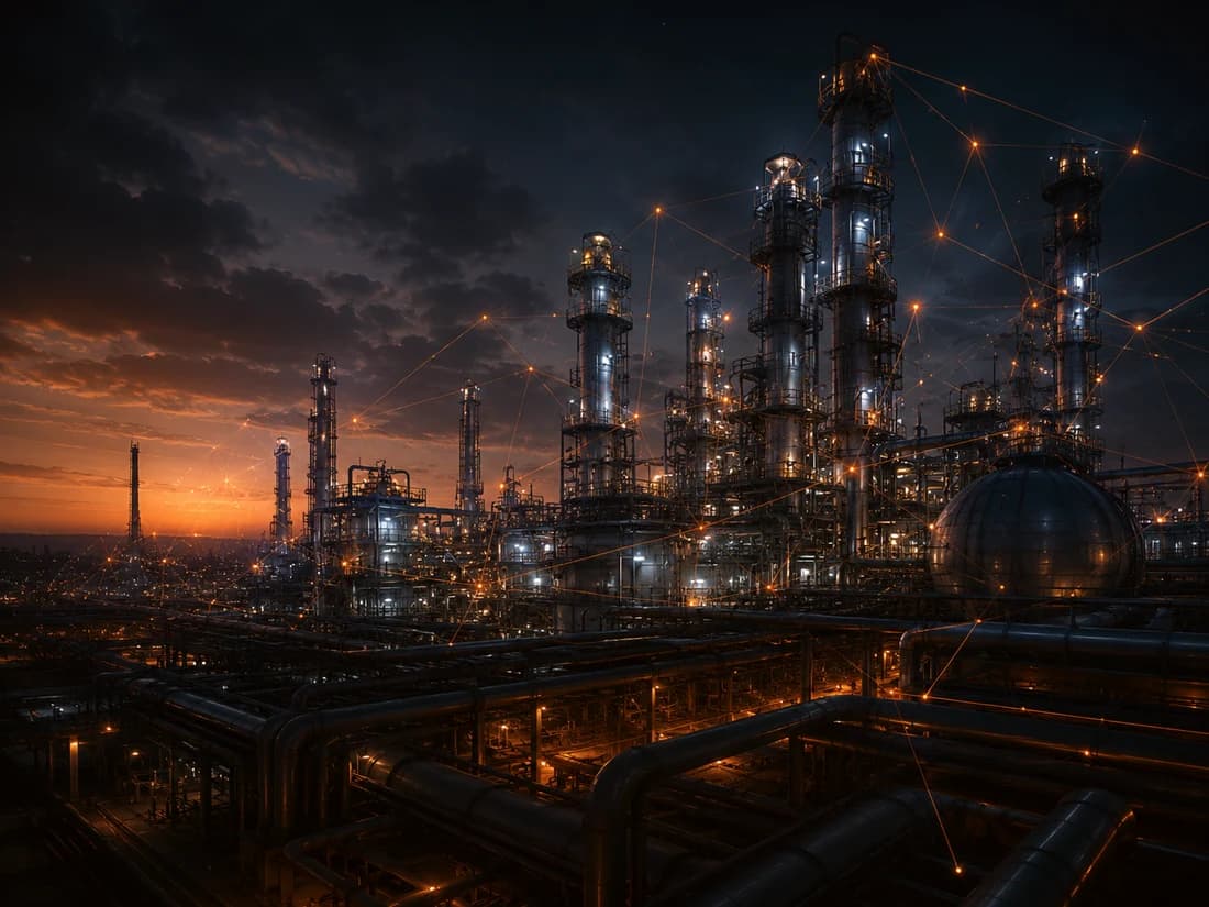 A remote industrial processing facility lit against the dusk.