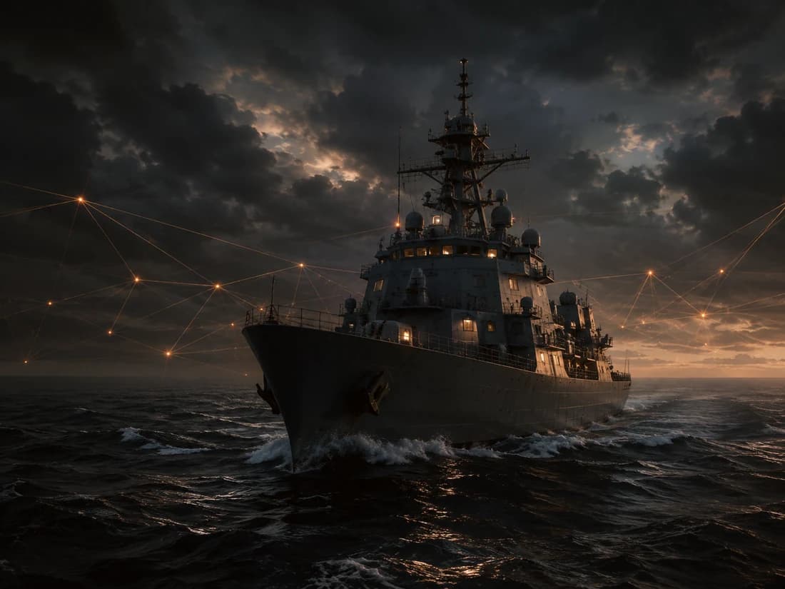 A vessel under way in heavy seas beneath a broken sky.