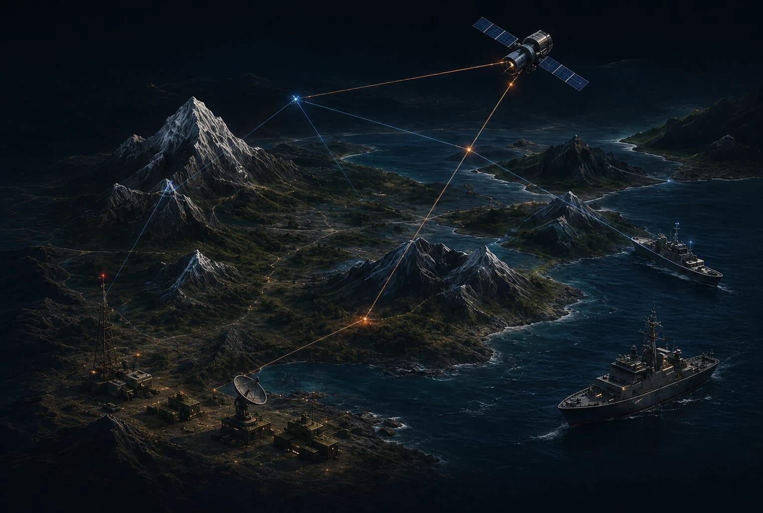 Simulated terrain with modelled links between distributed assets, showing how geography shapes connectivity.