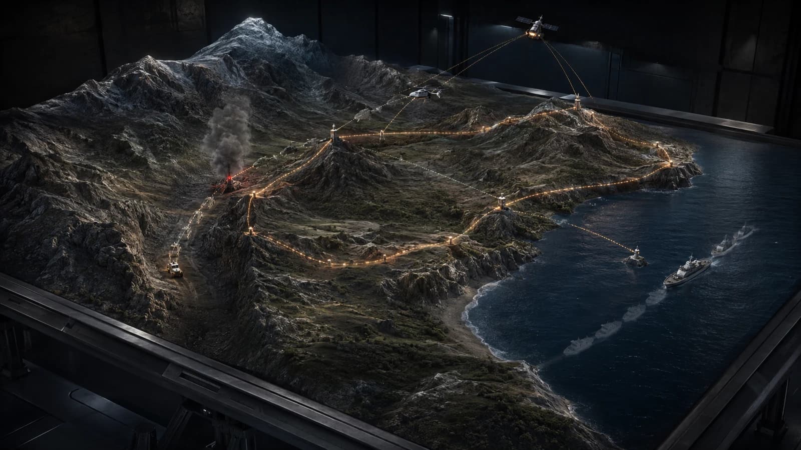 Crucible — tactical terrain table with glowing network paths and naval assets offshore.