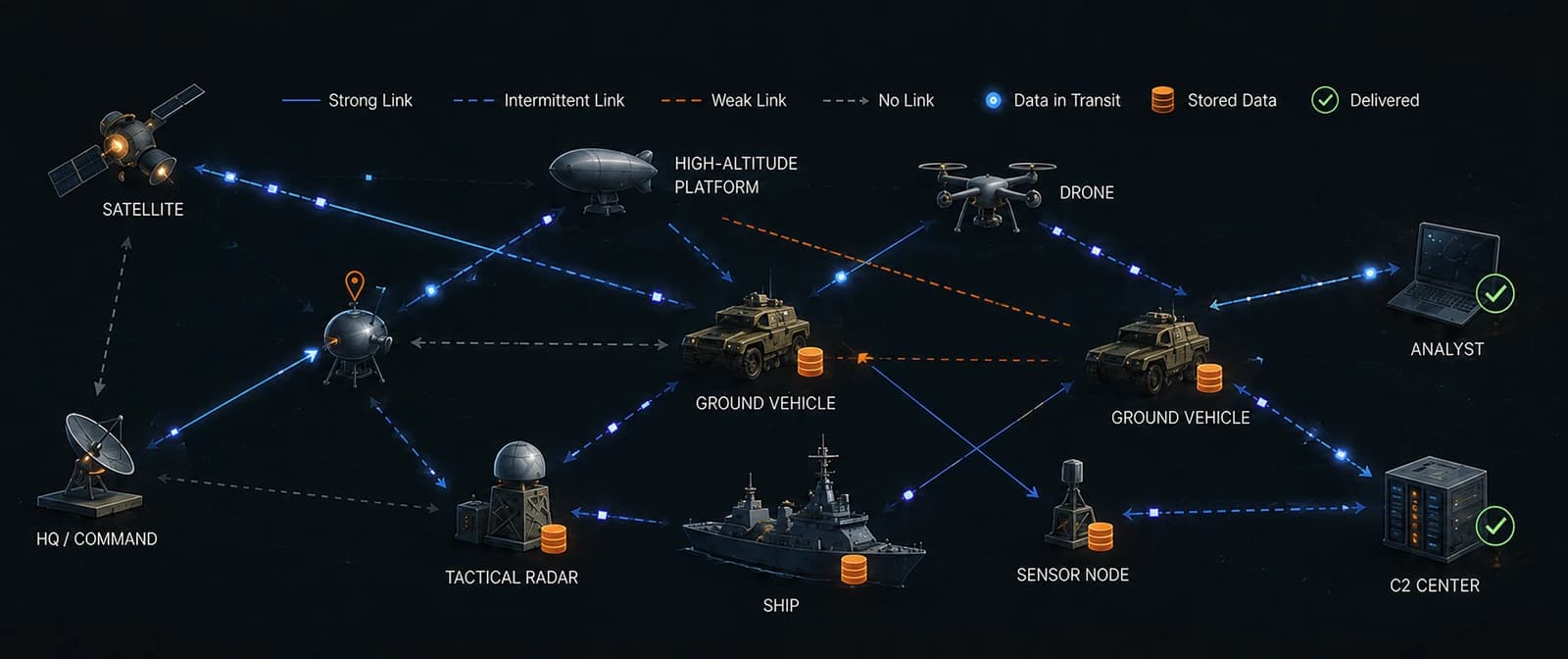 Locus assured distribution across satellite, drone, ground vehicle, relay, and ship nodes — connected, intermittent, and absent links with data stores and packets in transit.