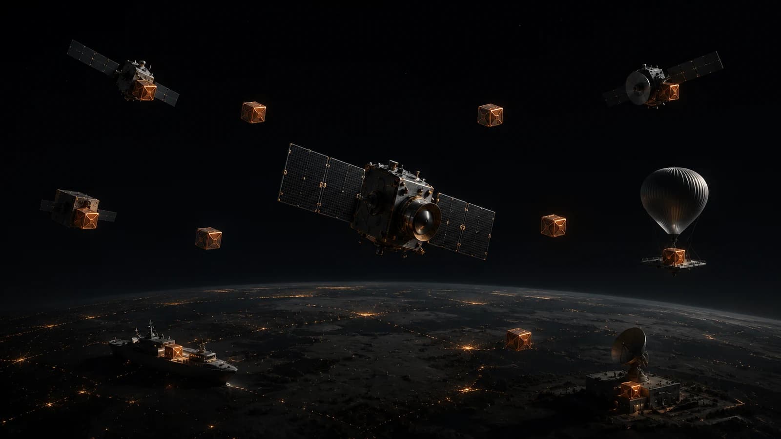 Locus — glowing cargo pods moving across drone, truck, rail, and ship links.