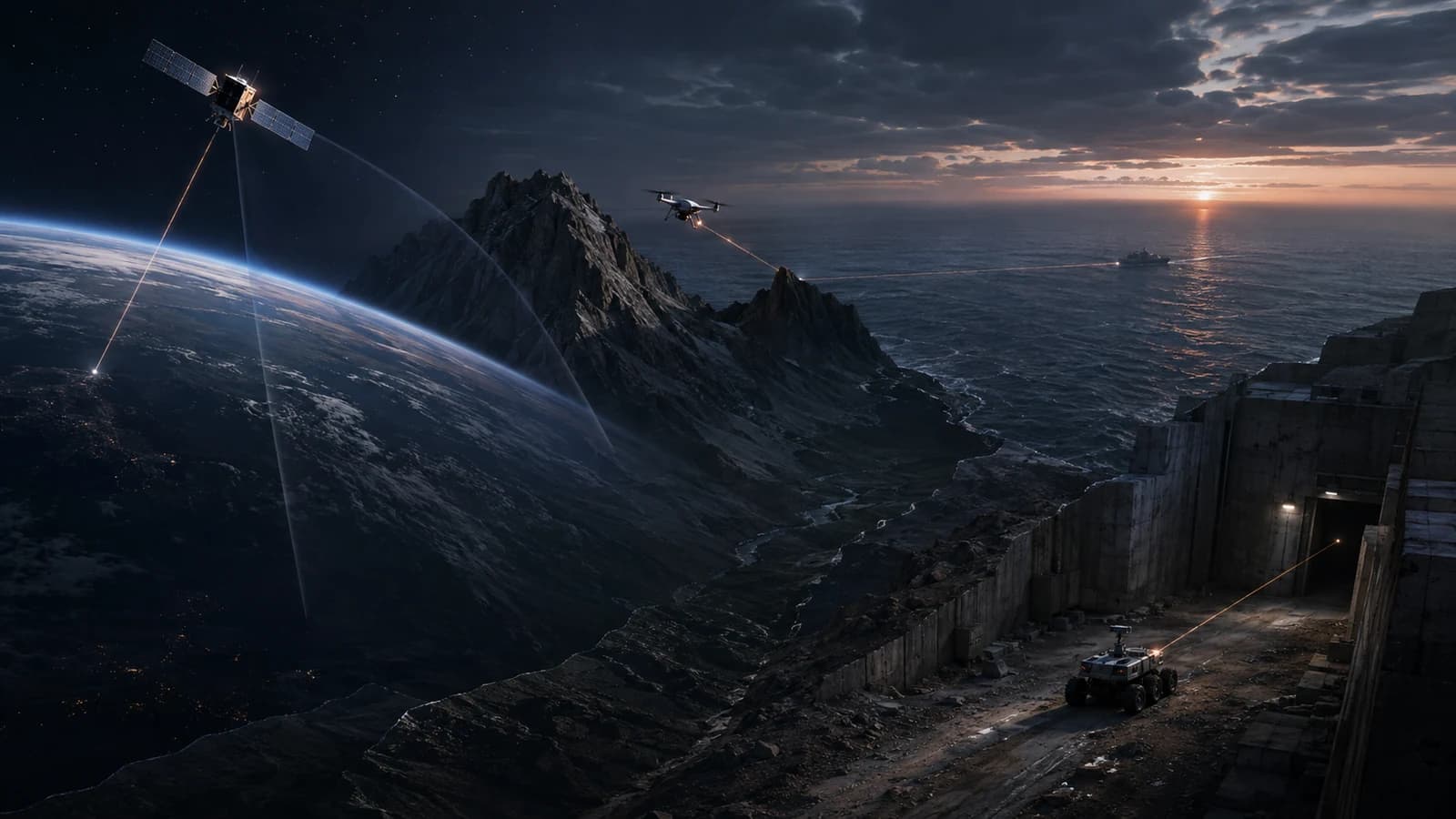 Satellite, drone, ship and ground vehicle across mountains and sea — links strained by terrain and distance.