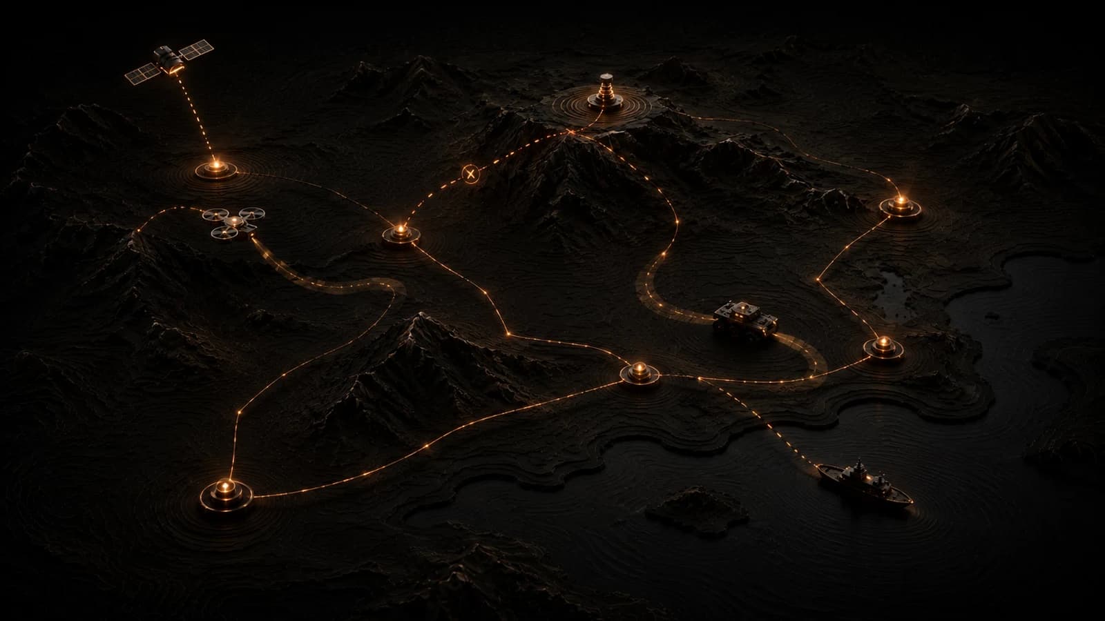 Terrain table with drones, ground assets, and glowing network paths — Crucible mission simulation.
