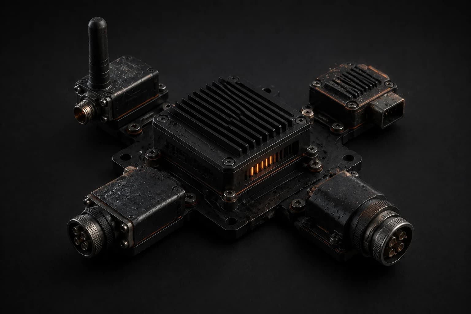 Ruggedized programmable hardware module with field connectors and an active orange core.