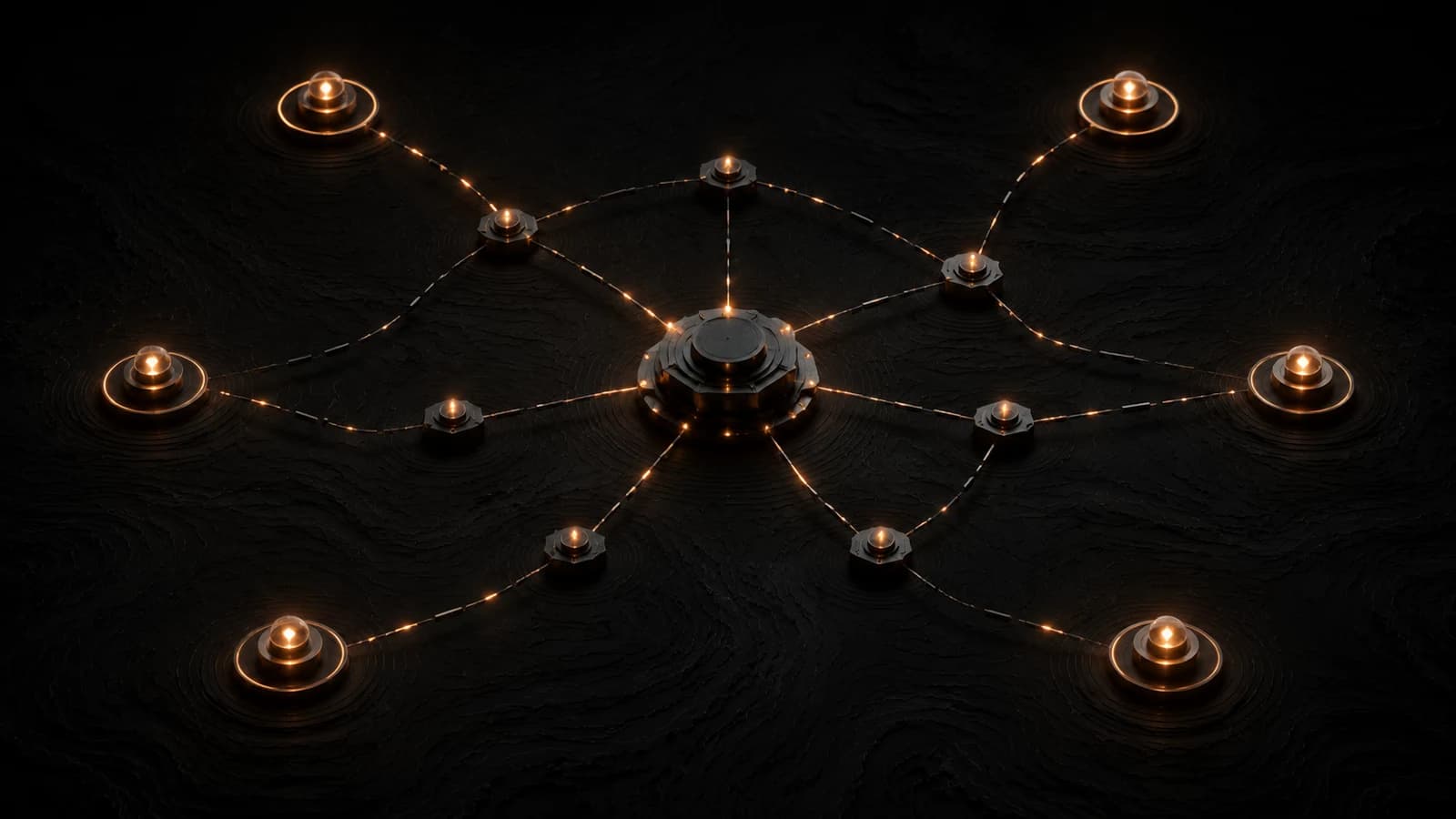 Network nodes linked by orange paths — Locus routes around obstacles to keep delivery moving.