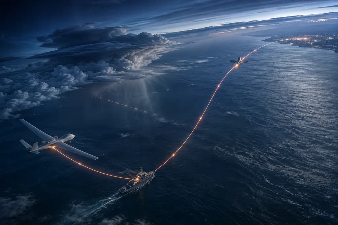 Drone, ship and satellite connected by an orange data path over open water.