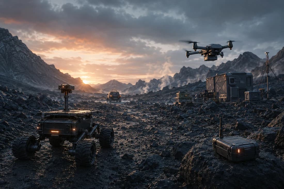 Rover, field relay and drone operating together across rugged terrain at dusk.